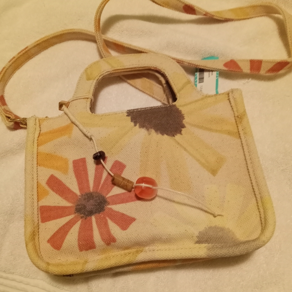Cream and Orange Artistic Shoulder Bag with Flap Closure